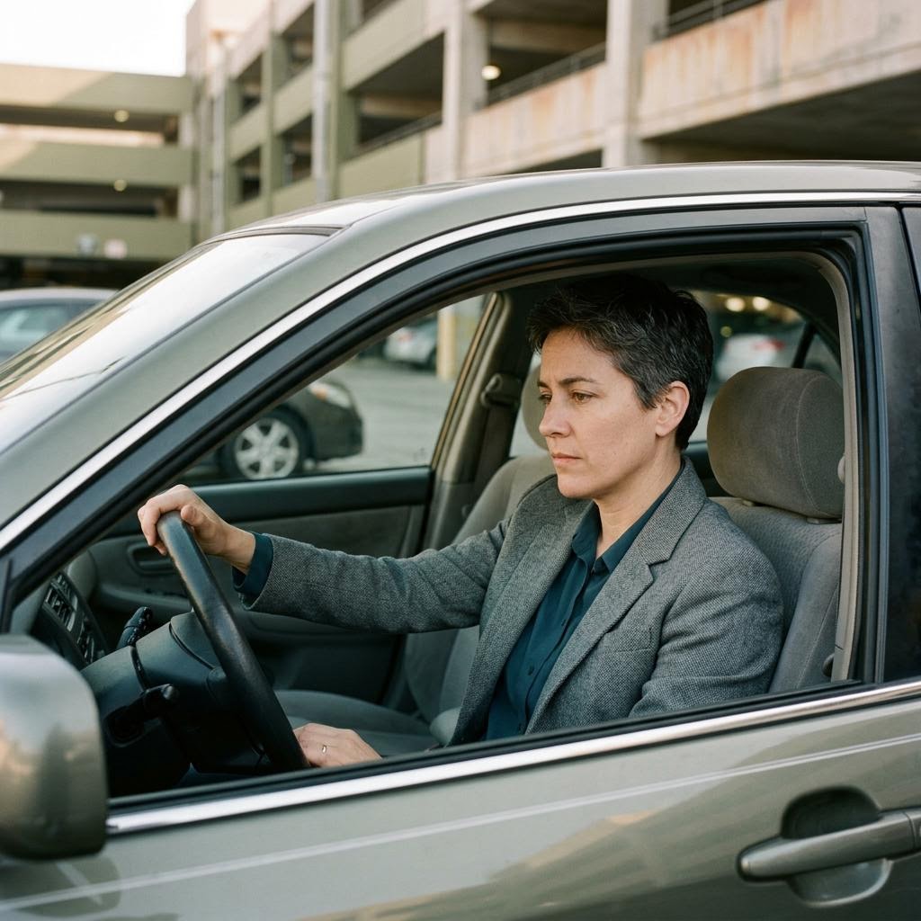 Sales professional reflecting in the car after a meeting