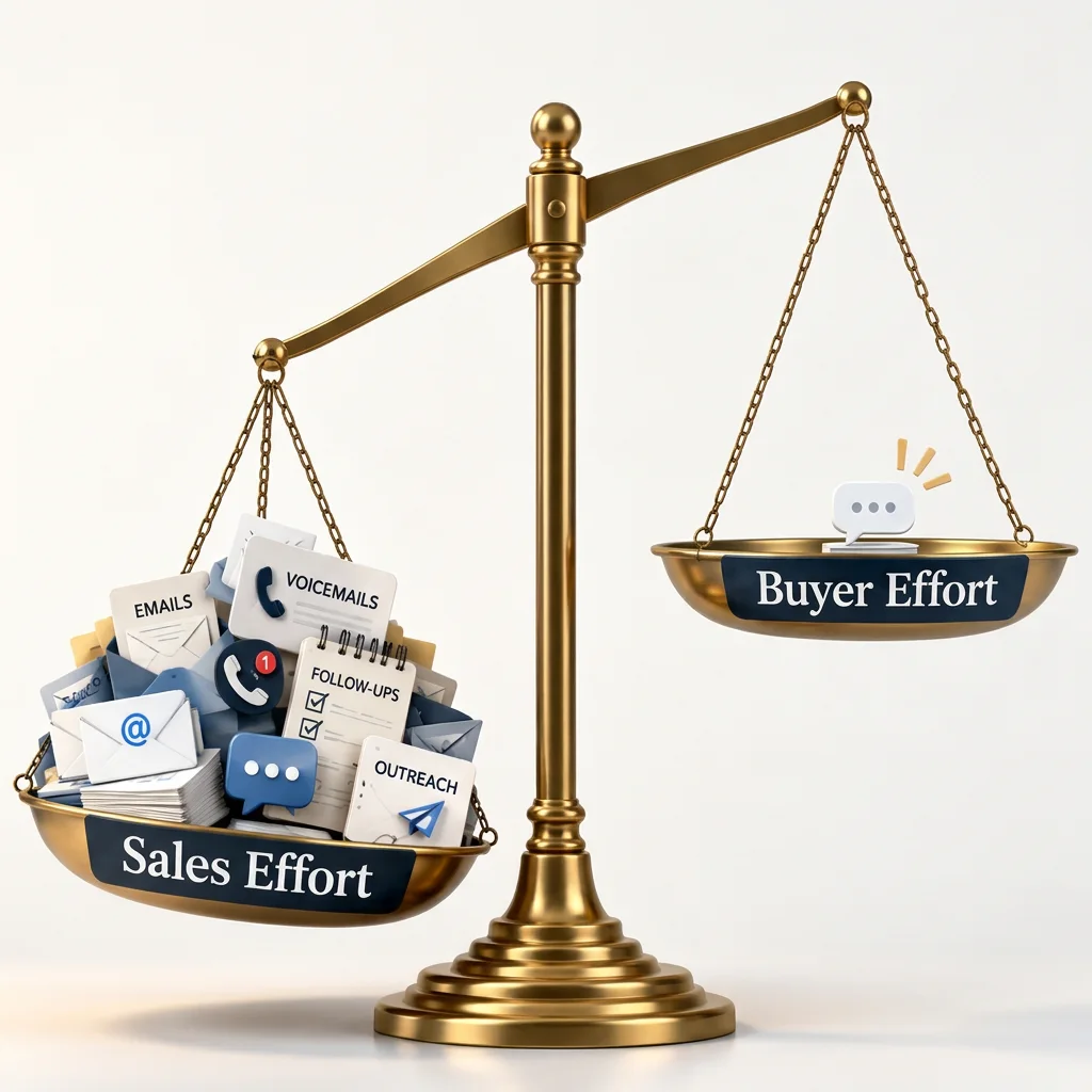 A balance scale contrasts Sales Effort—emails, voicemails, follow-ups and outreach—with an almost empty Buyer Effort pan.